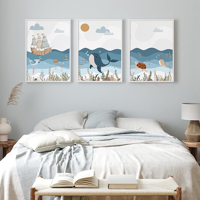 Ocean Nursery Wall Art Pictures Blue Nautical Canvas Art Beach Animal Wall Decor Baby Boys Room Wall Art Sea Whale Prints Ocean Nautical Poster for Nursery Baby Room 12x16 Inch Set of 3 Unframed