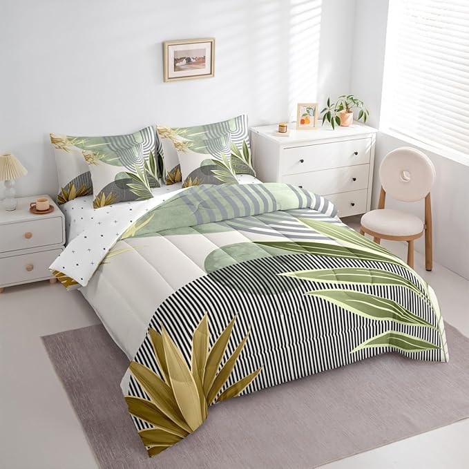 Erosebridal 7 Pcs Mid Century Boho Comforter Set Twin Modern Geometric Bedding Sets,Minimalist Bed in a Bag Abstract Sun Aesthetic Arch Curve Leaves Quilt with Flat Fitted Sheet,Green Gold