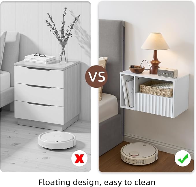 Modern Matte White Fluted Floating Nightstand with Charging Station, NightStand with Drawers, Bedside with USB Ports and Outlets, Bedroom Furniture (Right)