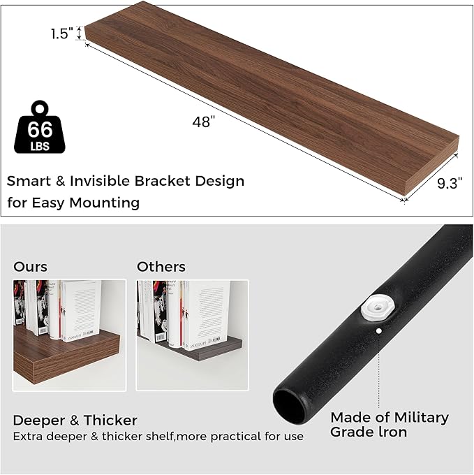 Floating Shelves for Wall, Engineered Wood Wall Shelves with Invisible Brackets for Living Room Bedroom Bathroom Office Kitchen Decor and Storage (Walnut, 48" W x 9" D x 1.5" H) Set of 2