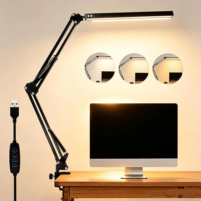 HomeBeyond LED Desk Lamp – 12W Adjustable Swing Arm Light with 5 Color Modes & 10 Brightness Levels, Black, Eye-Caring Table Lamp for Home and Office