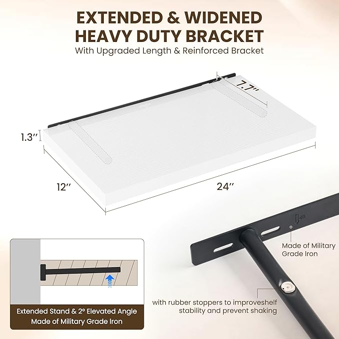Dreamland 24" Floating Shelves for Wall, 12" Deep Slim White Floating Shelves, Wall-Mounted Shelves for Bedroom, Living Room, Kitchen, Bathroom - Set of 2