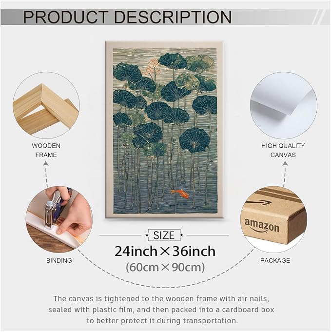 Wrapped Framed Lotus And Koi Canvas Poster Japanese Floral Botanical Pond Wall Art Retro Oriental Asian Prints Decor for Bedroom Zen Meditation Room Home 24x36 inch