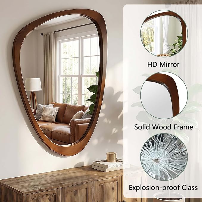 24x36 Inch Asymmetrical Wall Mirror Wood,Rustic Irregular Shaped Vanity Mirror for Bathroom,Bedroom, Living Room, Entryway, Fireplace,Wall Decor,Solid Wooden Frame (Yellow Brown, 24"x36" Inch)