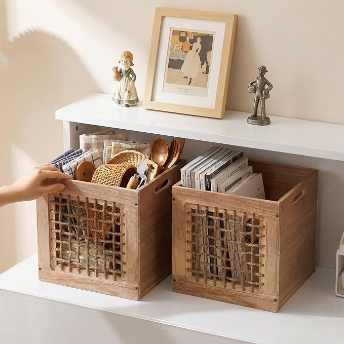 Geelin 2 Pack Stackable Wood Storage Bins with Handles 11 Inch 22l Cube Vinyl Record Storage Box Decorative Vintage Farmhouse Wood Rope Crate Basket Containers Organizing Bins for Toy Books Office