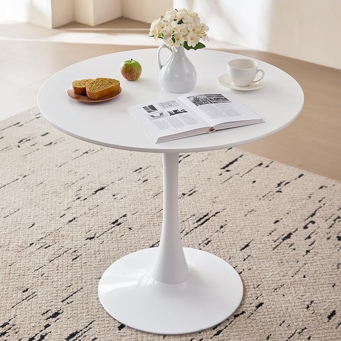 31.5" Round Dining Table for 2-4 Modern Circle Tulip Table with Metal Tulip Pedestal Base for Kitchen Dining Living Room Apartment Small Space Cafe, White