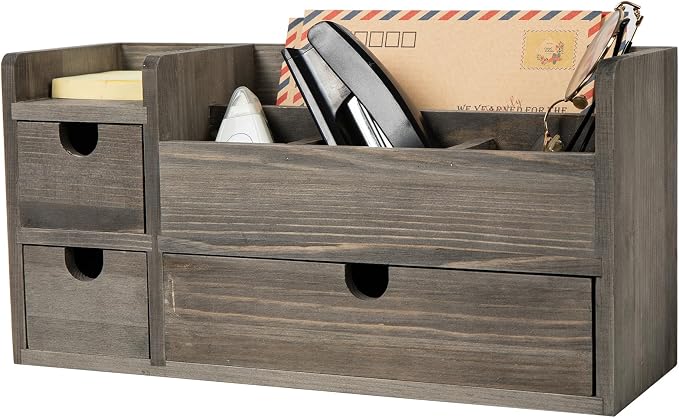 Rock Grey Wooden Desktop Organizer 3 Drawers Office Supplies Storage Caddy Stationery Box Mail Holder Note Pads Makeup Tools Cosmetics