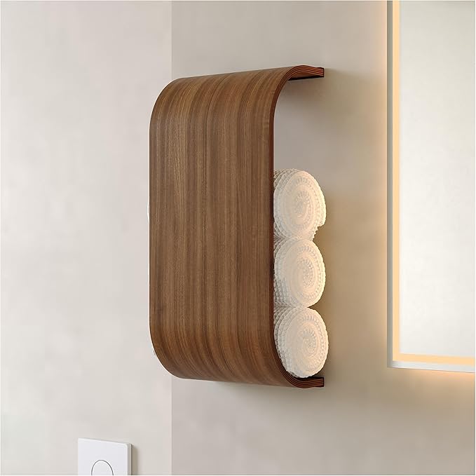 Bathroom Towel Holder, Toilet Paper Holder, Wooden Shelf, Walnut WC Roll Storage, Wall Mount Floating Rolls Rack, Unique Holders for Bathroom, TP Organizer (Walnut, Wide)