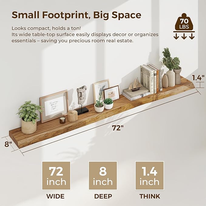 Dreamland 72 inch Floating Shelves for Wall Solid Elm Wood Live Edge Wall Mounted Shelves|Rustic Long Floating Shelves with Invisible Bracket for Bathroom Living Room Kitchen|Natural, 1 Pack