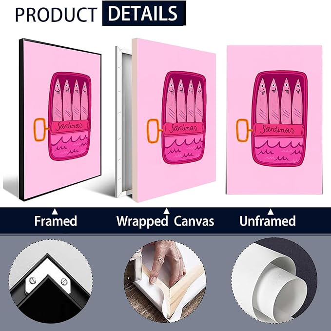 Retro Dinner Sardinas Canvas Wall Art Food And Drink Illustrations Posters Bar Cart Artwork Prints Pink Aesthetic Wall Decor For Living Room Bedroom Dorm Decor 12x16in Wframed