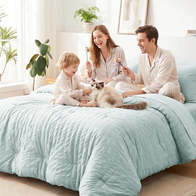 CozyLux Full Size Comforter Sets Ice Blue, 7 Pieces Seersucker Textured Luxury Bed in a Bag, All Seasons Soft Bedding Sets with Down Alternative Comforter, Sheets, Pillowcases & Shams, Home Gift