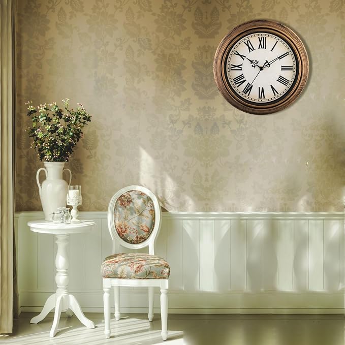 Plumeet Retro Wall Clock, 12'' Non Ticking Classic Silent Vintage Wall Clocks Decorative Kitchen Living Room Bedroom, Roman Numerals, Battery Operated