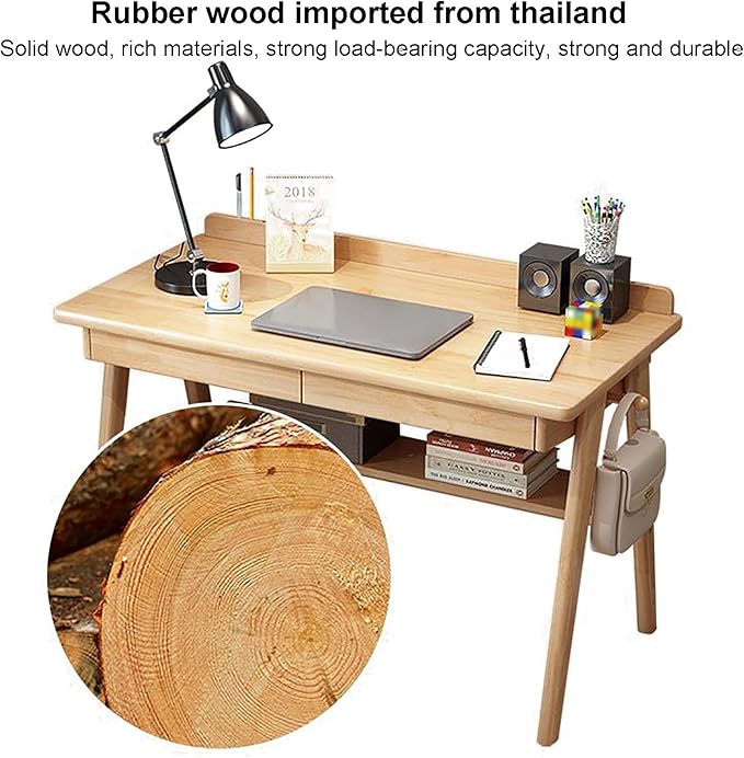 Solid Wood Writing Desk, Home Office Desk Workstation with Drawers and Hook, Mid-Century Modern Computer Work Study Table with Storage Shelf for Small Spaces(80x60x75cm(31x24x30inch), Walnut)