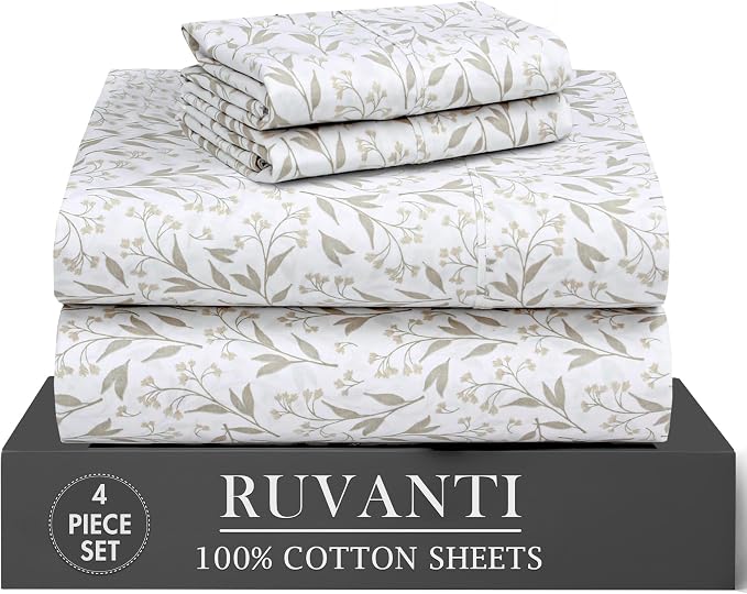 RUVANTI 100% Cotton Percale Sheets Twin XL Size 4 Piece Set, Cooling Bed Sheets for Hot Sleepers, Deep Pocket 16”, Breathable Lightweight & Durable, Crisp Hotel Style Sheets, Botanica Living