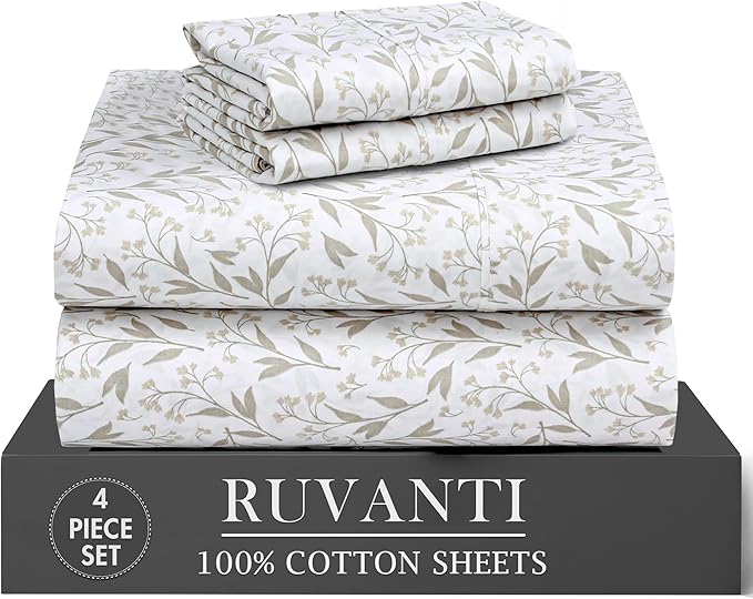 RUVANTI 100% Cotton Percale Sheets Twin Size 4 Piece Set, Cooling Bed Sheets for Hot Sleepers, Deep Pocket 16”, Breathable Lightweight & Durable, Crisp Hotel Style Sheets, Botanica Living