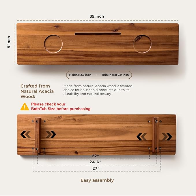 Tinamo Acacia Bathtub Caddy Tray Table | 35x9 Inch Large Bath Tub Tray Wooden | Anti-Tipping, Sustainable Tub Tray for Bathtub | Bathtub Accessories Holders for Bathtub (Acacia, 35x9)