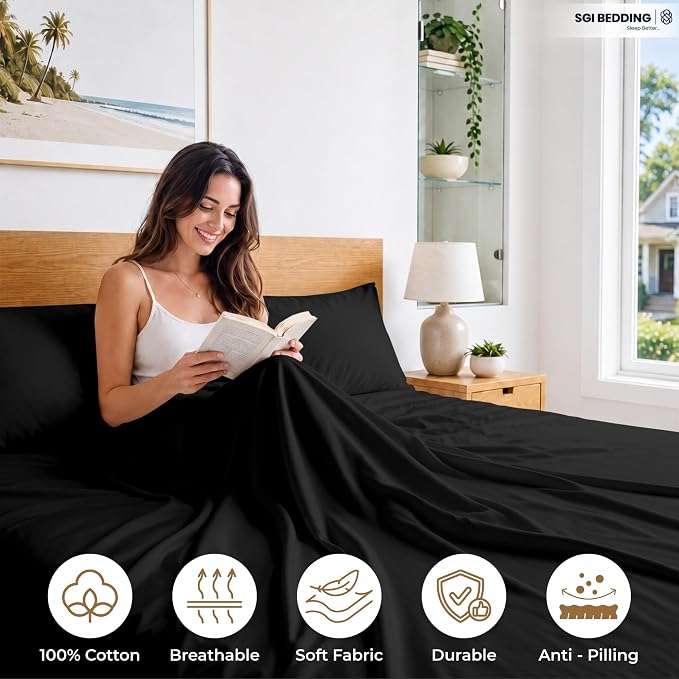 SGI bedding 100% Egyptian Cotton Sheets Queen Size – 600 Thread Count Sheets Set, Soft, Cooling, 15" Deep Pocket, Luxury Hotel Bedding, Breathable, Durable - Black