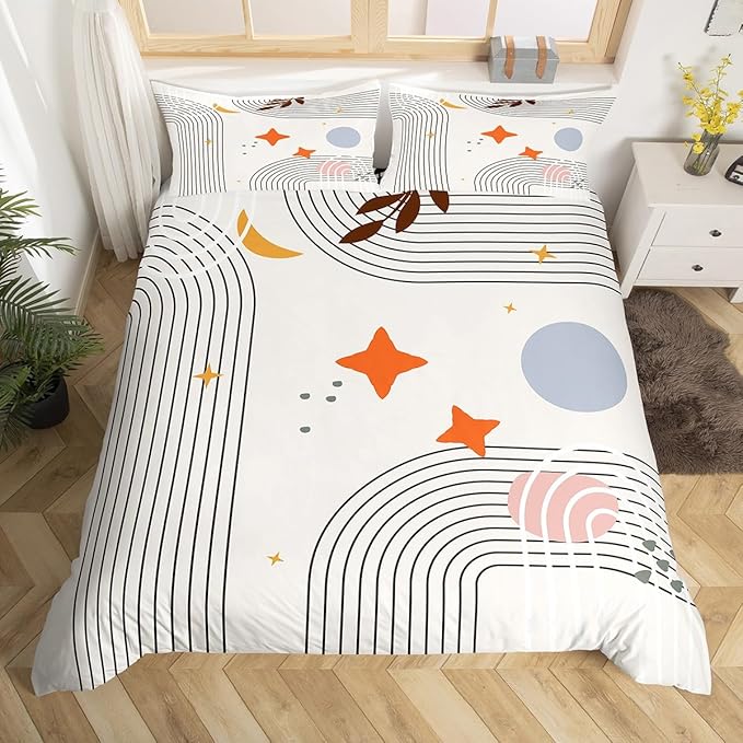 Erosebridal Abstract Red Sun Bedding Sets Full Geometric Lines Comforter Cover, Aesthetic Bed Set Vintage Minimalist Duvet Cover, Modern Quilt Cover Luxury Grey Circle Room Decoration (Zipper Closure)