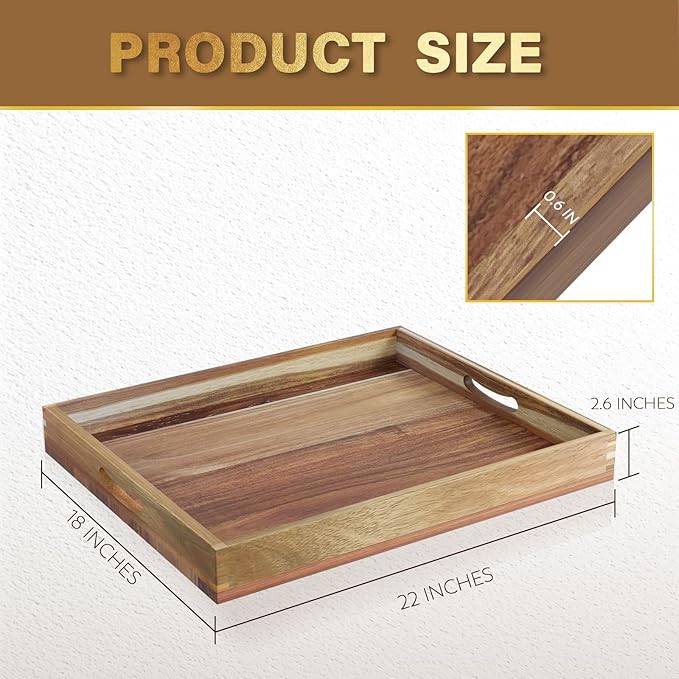 MAONAME Extra Large Ottoman Tray, 22 x 18 inches Acacia Wooden Serving Tray for with Handles,Farmhouse Wooden Decorative Trays, Coffee Table Trays for Living Room, Countertop, Charcuterie