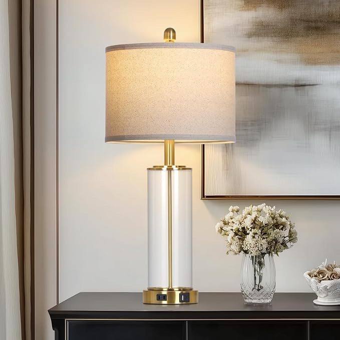Ruzectt 26" Glass Table Lamp Single, 3-Way Dimmable Touch Control Living Room Lamp with USB C+A Ports & AC Outlet, Modern Bedside Lamps, Bedroom Lamps for Nightstand Side End Table Desk, Gold-1PK