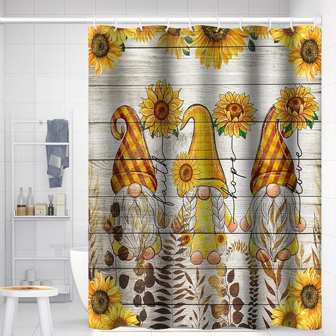 Farmhouse Sunflowers Shower Curtains for Bathroom 72x96 Inch Funny Gnomes Wild Plants Country Wood Plank Bath Curtain Polyester Durable Fabric Decor Set with Plastic Hooks