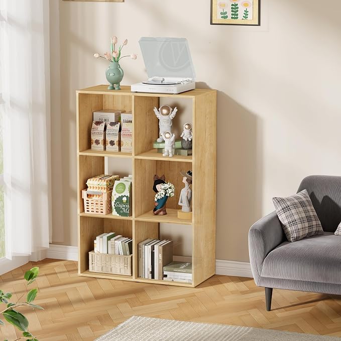 6 Cube Storage Organizer, Open Bookshelf Storage Cubes Shelf with Back Panel, Wooden Display Shelf Bookcase Standing Shelves for Living Room, Bedroom, Home Office (Oak, 6-Cube)