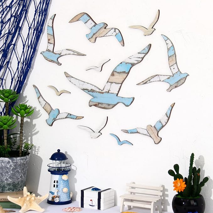 Zzbakress 11 Pcs Wooden Seagull Wall Decor Nautical Coastal Beach Wall Art Vintage Ornaments Unique Sea Birds Wall Sculpture for Home Bathroom Living Room Bedroom (Vintage)