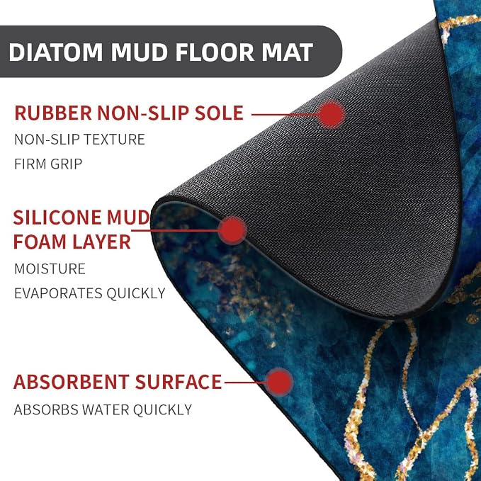 Diatomaceous Earth Bath Mat,Blue White Black and Gold Marble Non-Slip Volume Super Absorbent Fast Drying for Bathroom Kitchen Door mat,Eco-Friendly Easy to Clean 17×27.5Inch (43 * 70cm)