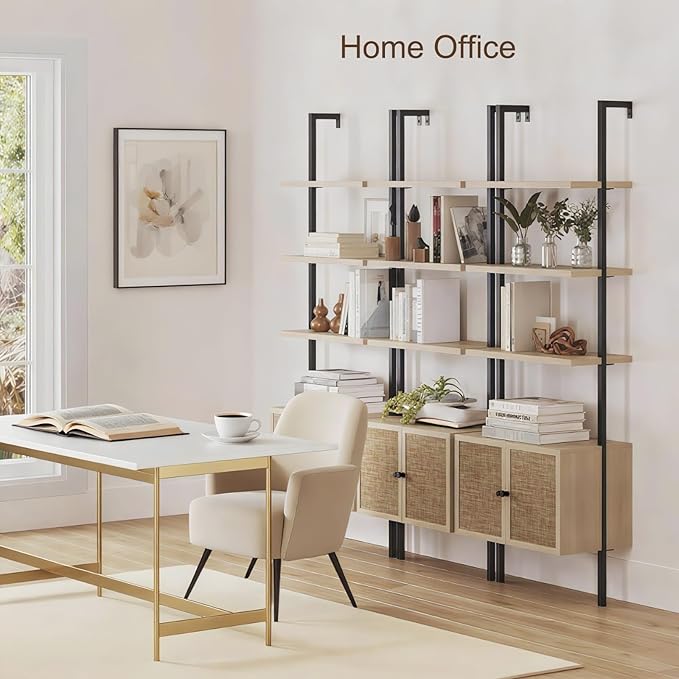 Rattan Bookcase, 6 Tier Ladder Bookshelf with Rattan Cabinet, Wall Mount Tall Bookshelves and Bookcases with Metal Storage Shelves Display for Living Room Bedroom Home Office, Oak