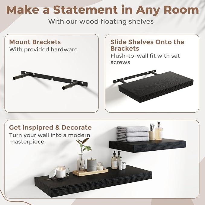 12 Inch Square Floating Shelves for Wall 2 Pack, 12"D Wood Grain Bathroom Shelves with Invisible Brackets, Easy Install Engineered Wood Storage Shelves for Kitchen, Living Room, Bedroom, Black Finish