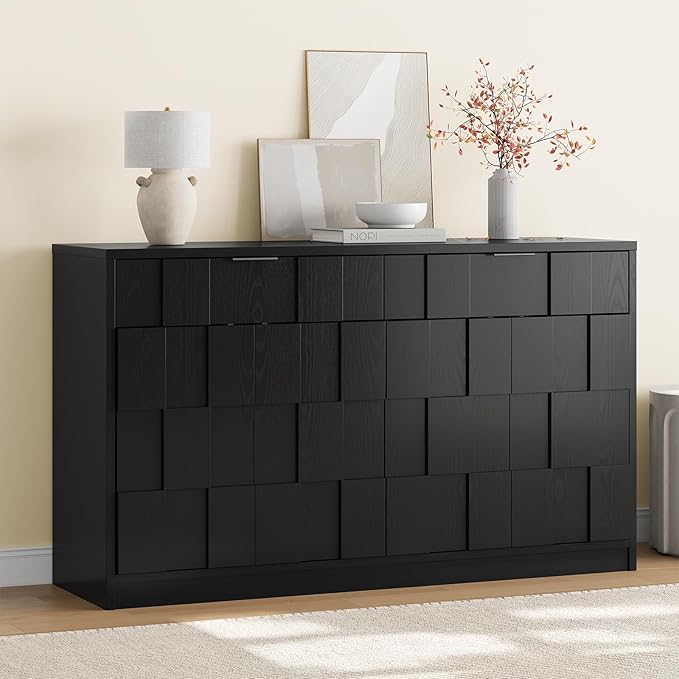 ONBRILL 61" Sideboard Buffet Cabinet with Storage, Large Coffee Bar Cainet with Doors and Drawers, Wood Credenza Console Cabinet Buffet Table for Kitchen Living Room Entryway (Black)