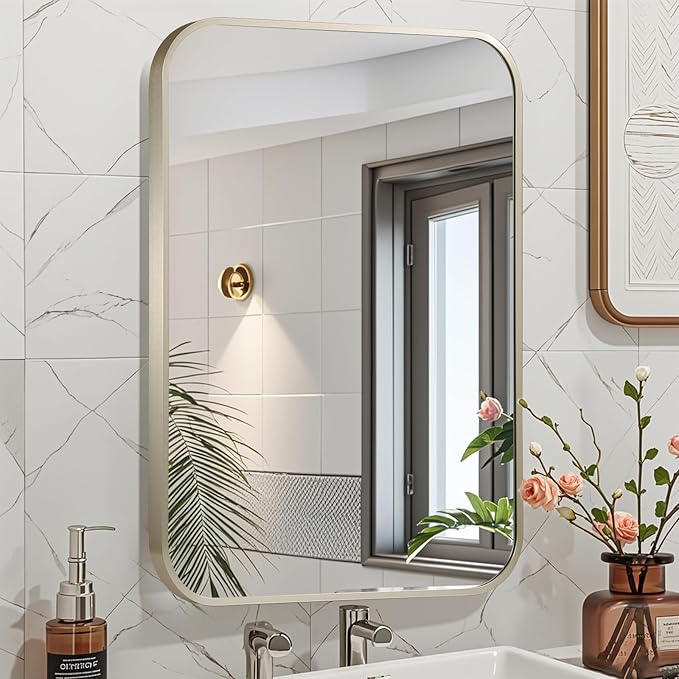 24x32 Inch Brushed Nickel Bathroom Mirror, Framed Rectangle Mirror with Rounded Corner, Brushed Mirror, Silver Bathroom Mirror for Over Sink, Vanity, Living Room, Bedroom, Horizontal/Vertical