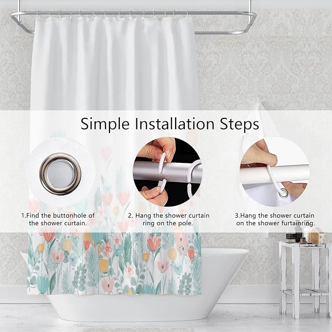 Nature Flower Shower Curtain for Bathroom Blue and Pink Floral Wild Grass Botanical Shower Curtain Modern Aesthetics Washable Polyester Durable Fabric Shower Curtain with Hooks, 48x72 Inch