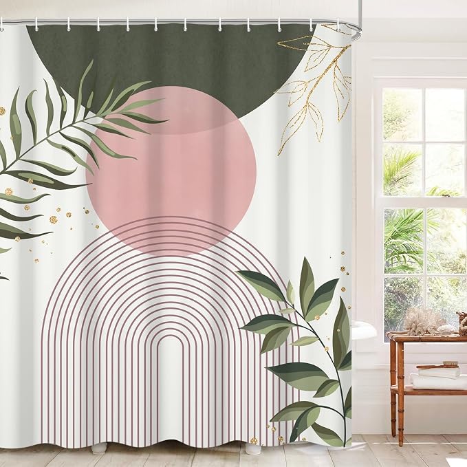 Boho Mid Century Shower Curtain, Pink Modern Minimalist Abstract Geometric Sage Green Gold Plant Leaves Bathroom Curtains Washable Waterproof Fabric Buthtub Curtain Set with Hooks 72" Wx84 L