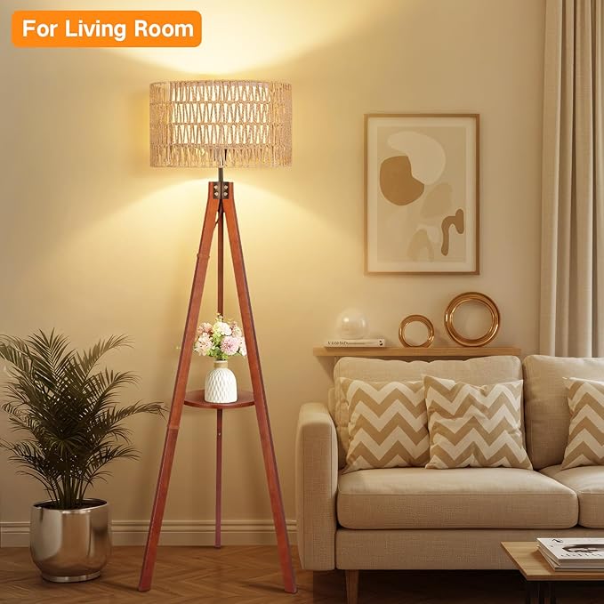 OUTON Boho Rattan Tripod Floor Lamp with Shelves, Remote Control, Dimmable Mid Century Modern Standing Lamp 58.5" for Bedroom, Living Room & Office, Lamp Shade Includes E26 9W Bulb, Walnut