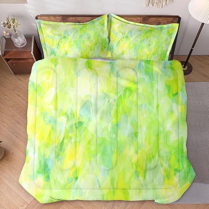 Comforter Set with 2 Pillowcases King Size, Modern Cool Lime Green Abstract, Bed Decor Cold Light Citrus Wave Space for Kids and Adults, Soft Cozy Bedroom Bedding Set