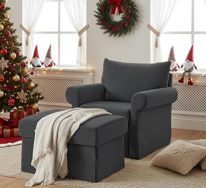35.8" Chenille Accent Chair with Ottoman Set, Comfy Upholstered Armchair with Rolled Arms, Modern Single Reading Chair for Living Room, Bedroom, Apartment, Grey