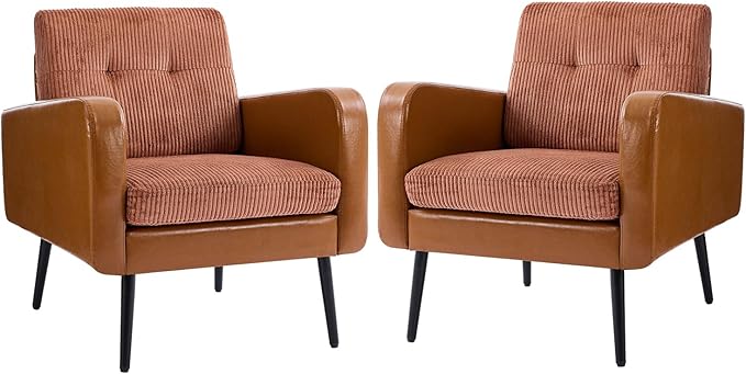 Comfy Accent Chair for Living Room Chairs Mid Century Modern Reading Chair Accent Chairs Set of 2 with Metal Legs,Upholstered Arm Chair for Bedroom Office Waiting Room (Brown & Ochre,2)
