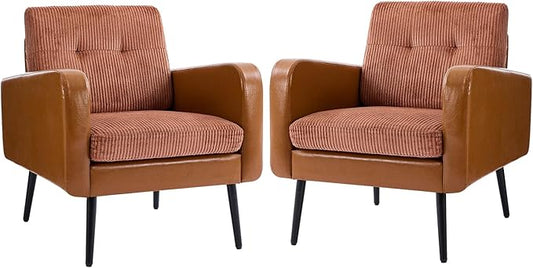 Comfy Accent Chair for Living Room Chairs Mid Century Modern Reading Chair Accent Chairs Set of 2 with Metal Legs,Upholstered Arm Chair for Bedroom Office Waiting Room (Brown & Ochre,2)