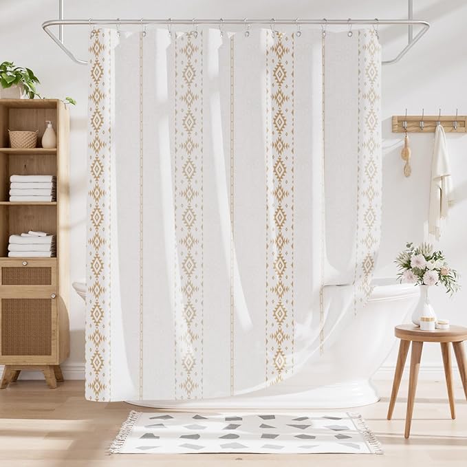 AmazerBath Boho Shower Curtain, Boho Cloth Shower Curtain with 12 Hooks, Hotel Quality Washable Rustic Farmhouse Polyester Fabric Bathroom Shower Curtain Set, 72x72 Inches