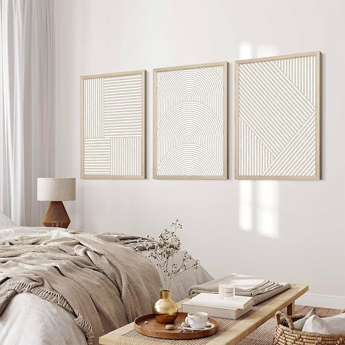 Beige Abstract Wall Art Pictures Set of 3 Boho Modern Canvas Wall Decor Neutral Line Wall Art Minimalist Art Abstract Beige Prints Painting Modern Artwork for Living Room Bedroom 16x24 Inch FRAMED