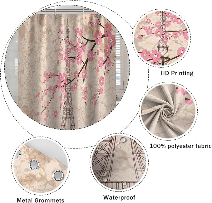 Paris Eiffel Tower Shower Curtain Pink Cherry Blossom Vintage Romantic France Scenery Shower Curtains Bathroom Accessories Waterproof Polyester Fabric with Hooks, 72 x 84 Inch