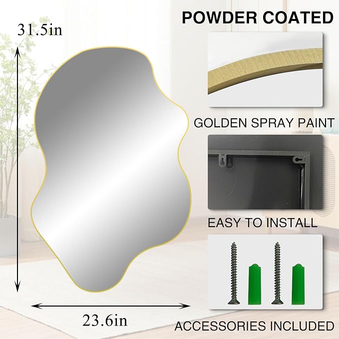 Gold Irregular Mirror, 31.5"x23.6" Asymmetrical Wall Mirrors, Unique Shaped Mirror Decorative, Modern Frameless Abstract Mirrors for Living Room Bathroom Bedroom Hallway Entryway Fireplace
