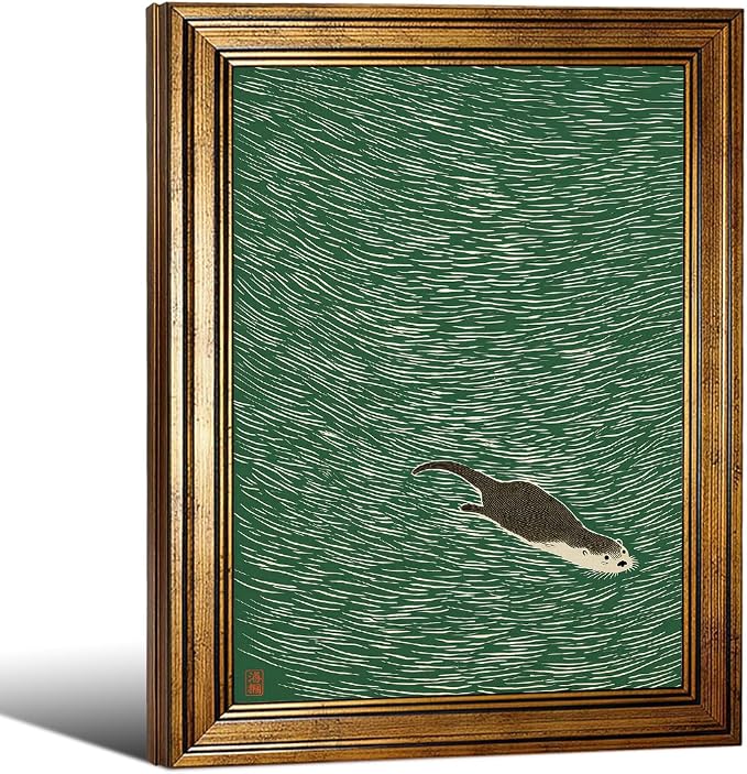 Gold Framed Japanese Otter Swimming Poster Funny Nature Wild Animal Pictures Retro Minimal Green Water Canvas Wall Art for Living Room Bedroom Bathroom 16x20 inch