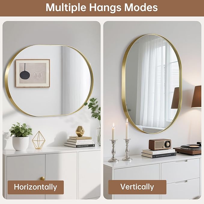 Gold Oval Mirror, 24"x36" Oval Bathroom Mirror, Brushed Gold Mirror with Aluminium Alloy Frame, Anti-Rust, Tempered Glass