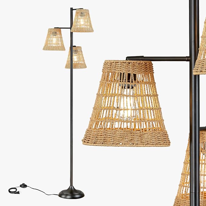 Maxax 72" Boho Rattan Floor Lamp for Living Room, 3-Lights Tree Floor Lamps, Tree Farmhouse Industrial Black Standing Lamp with Woven Shade for Bedroom, House