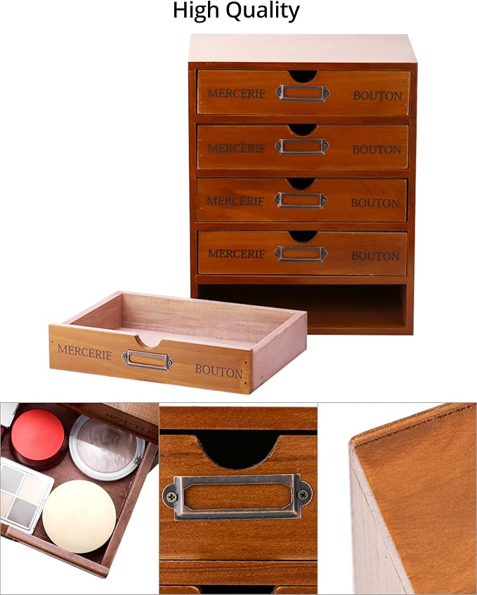 QWORK Vintage Wooden Home Office Desk Organizer with 5 Drawers - Rustic Desktop Storage Box for Jewelry, Cosmetics, Craft Paper & More