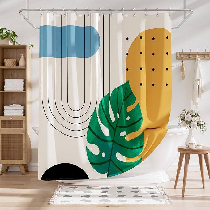 AmazerBath Boho Shower Curtain, Beige and Brown Abstract Cloth Shower Curtain with 12 Metal Hooks, Luxury Washable Farmhouse Polyester Fabric Bathroom Green Leaf Shower Curtain Set, 72x72 Inches