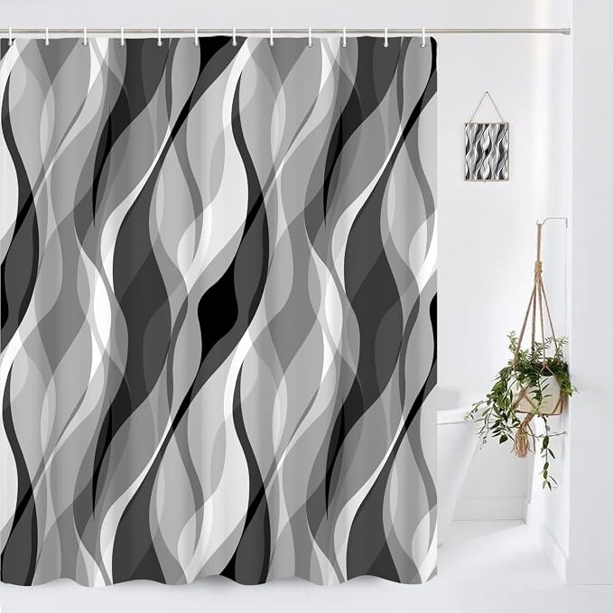 Grey Shower Curtains Black and White Modern Abstract Striped Bathroom Curtain Minimalist Geometric Polyester Shower Curtain Sets for Bathroom Extra Long 72x78 in with 12 Hooks