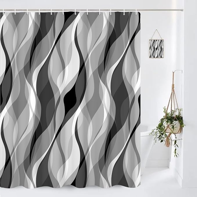 Grey Shower Curtain Black and White Shower Curtains for Bathroom Modern Gray Geometric Abstract Striped Minimalist Polyester Bathroom Curtain Sets Extra Long 72x72 in with 12 Hooks